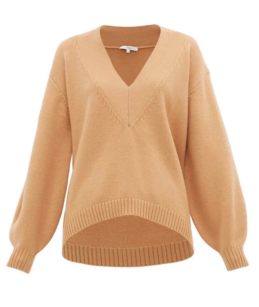 Tibi Merino Wool Blend V-neck Puff Sleeve Camel Sweater - Size Small